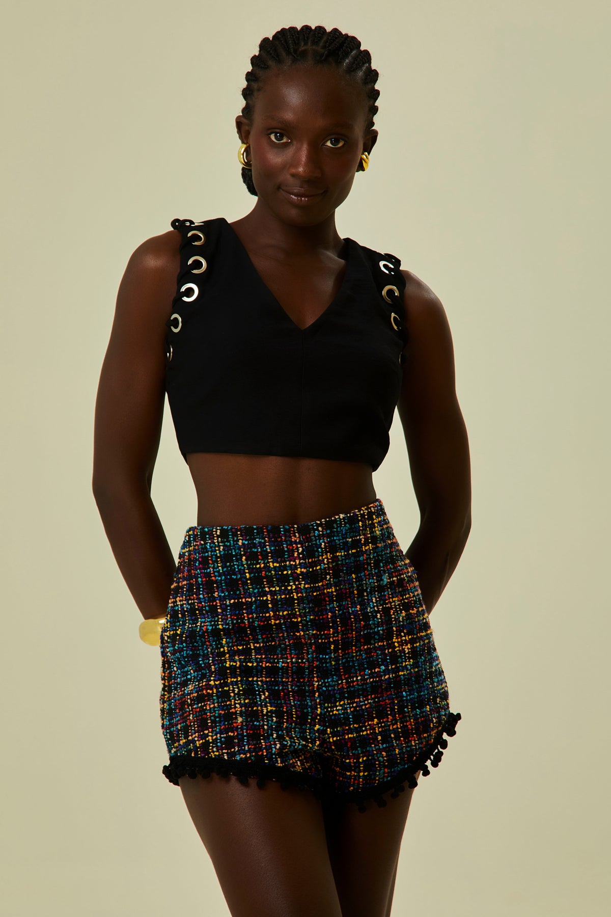 Short Curto Tweed Risca De Giz Floral
